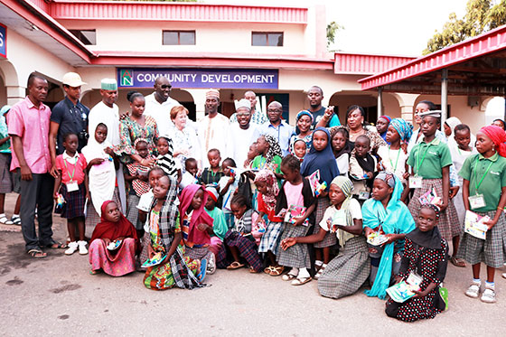 Visiting members of Rotary Club of AUN, District 9125 Yola, in a group photograph with the Feed & Read Girls Visiting members of Rotary Club of AUN, District 9125 Yola, in a group photograph with the Feed & Read Girls